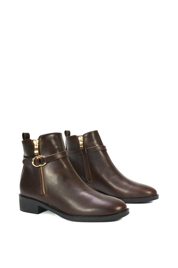 XY LONDON Flat Low Heel Ankle Booties With Decorative Buckle and Zip
