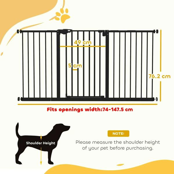 Black adjustable safety gate with vertical bars and size measurement lines