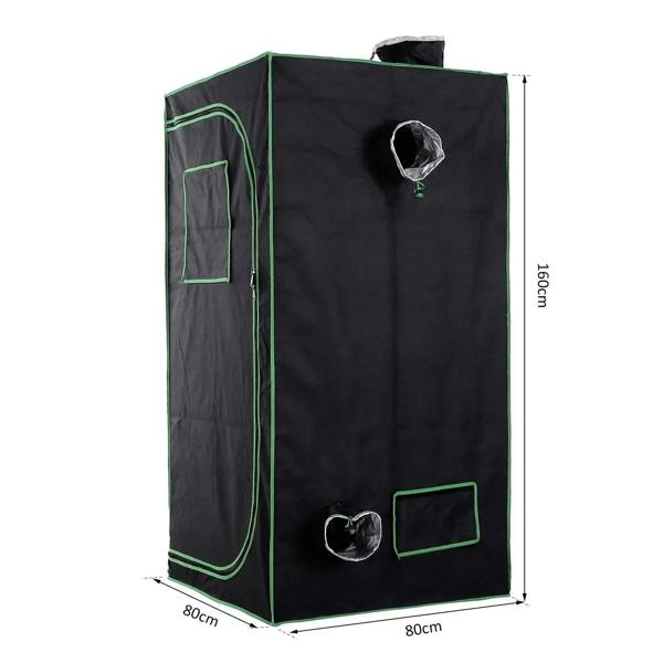 Black grow tent with green piping, side zipper door, vent openings, and viewing panel