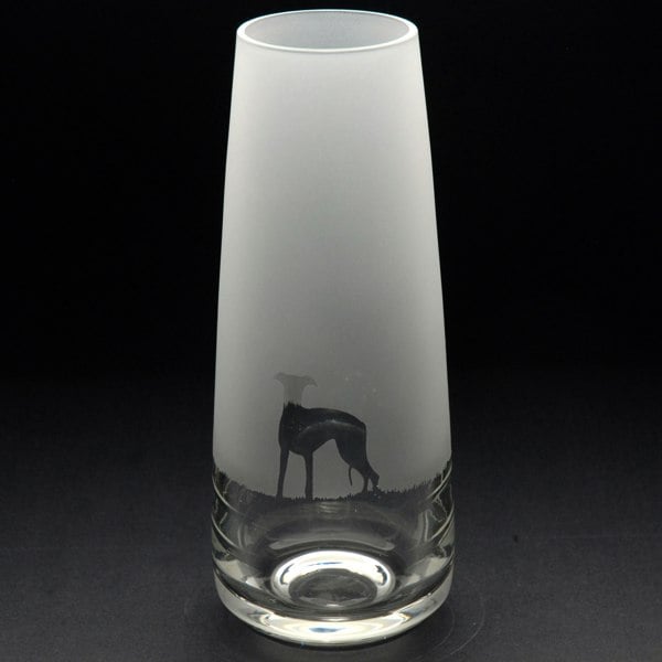 Glyptic Glass Art Whippet Dog Glass Bud Vase - Hand Etched/Engraved Gift