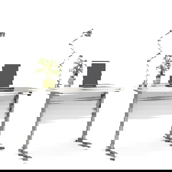 Furniture To Go Prima Desk 150 cm in White with Height adjustable legs with electric control in Silver grey steel