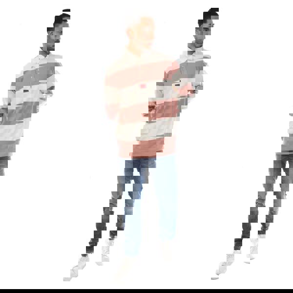 Hugo Mens Diragbi Stripe Long-Sleeved Polo Shirt - White/Pink - 