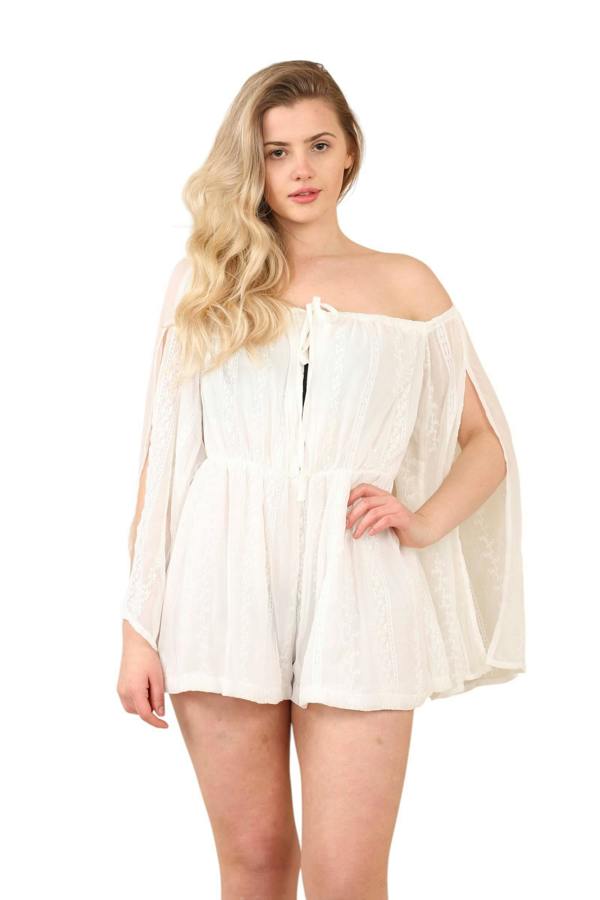 Boho Chic White Off-Shoulder Playsuit – Elegant Summer Romper