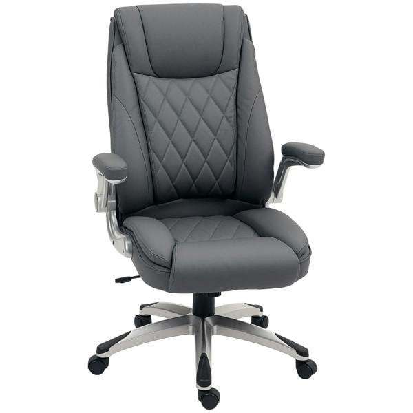 Dark grey faux leather executive swivel office chair with high back, diamond stitching, armrests