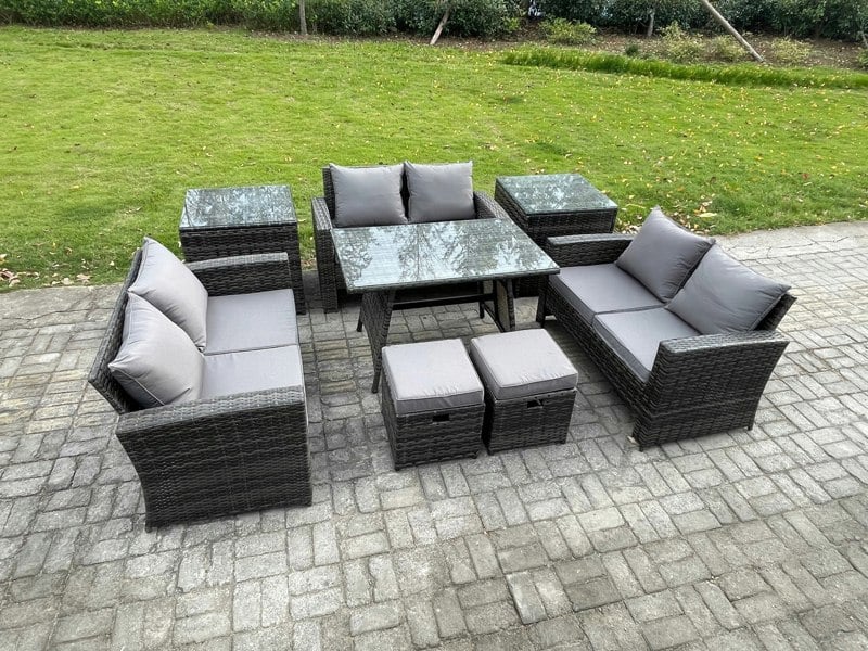 Fimous Outdoor Lounge Sofa Set - Dark Grey Mixed Wicker Rattan Garden Furniture with Rectangular Dining Table & 2 Footstools
