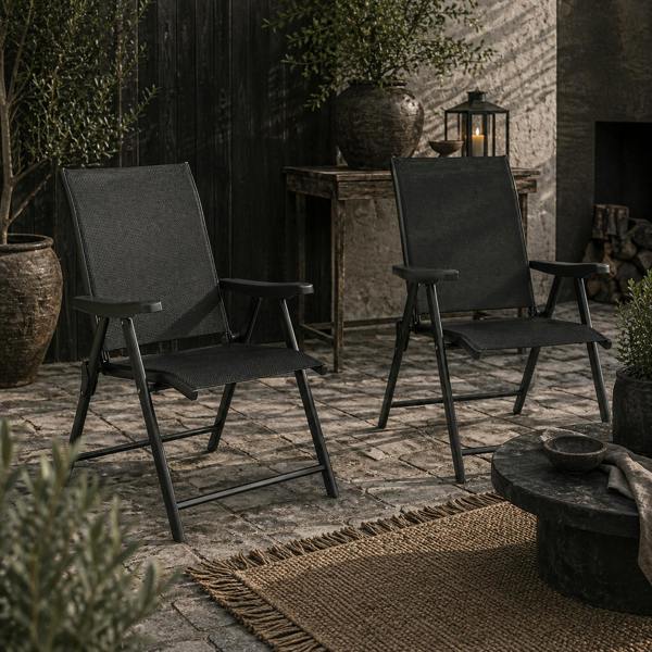 Wyld Haus Disusu Set Of 2 Aluminium Dark Grey Folding Garden Dining Chairs With Breathable Mesh