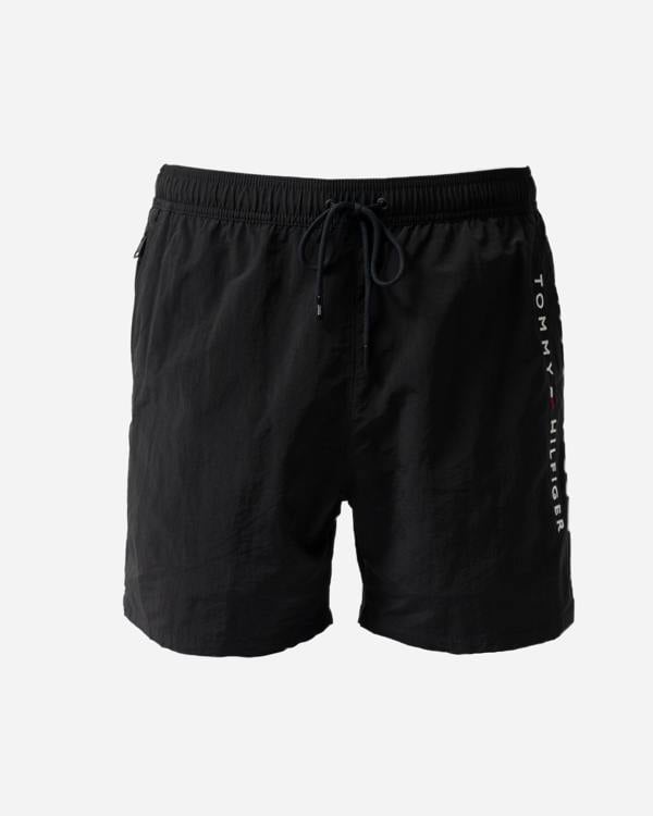 front of Tommy Hilfiger Logo Zip Pocket Mens Drawstring Swimming Shorts in Black