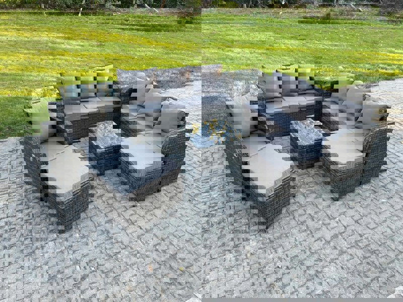 Fimous 9 Seater Dark Grey Mixed Rattan Outdoor Sofa Set - Coffee Table, Reclining Chair, 2 Big Footstools & 2 Side Tables