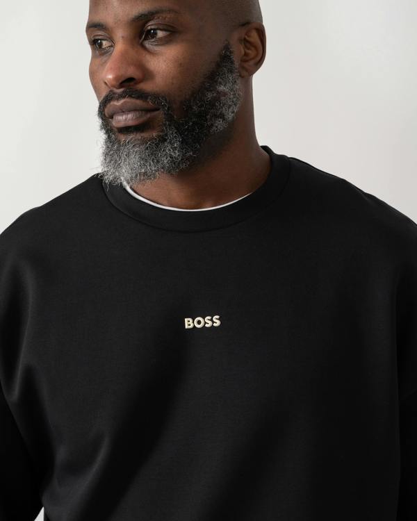 detail shot of a Model wearing a BOSS Green Stenson Mens Crew Neck Sweatshirt in Black