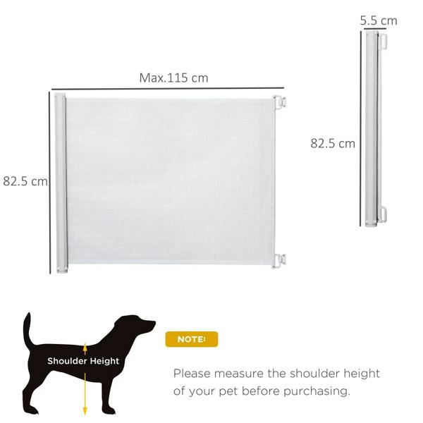 White retractable mesh dog gate with size diagram showing maximum width