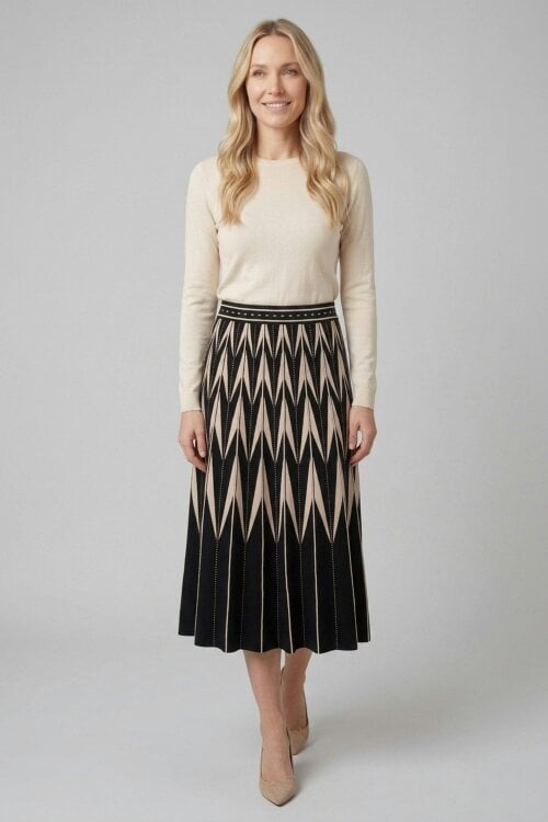 Izabel London Geo Print Pleated Midi Knit Skirt