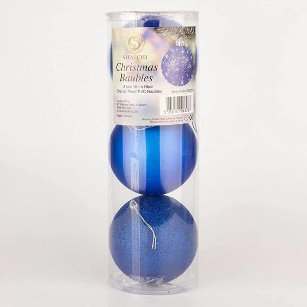 Shatchi Blue Shatterproof Christmas Baubles Pack of 3 or 6, 10cm Festive Tree Decorations