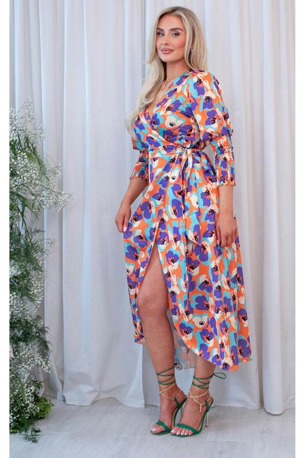 Haniya Wrap Front Printed Midi Dress - Orange