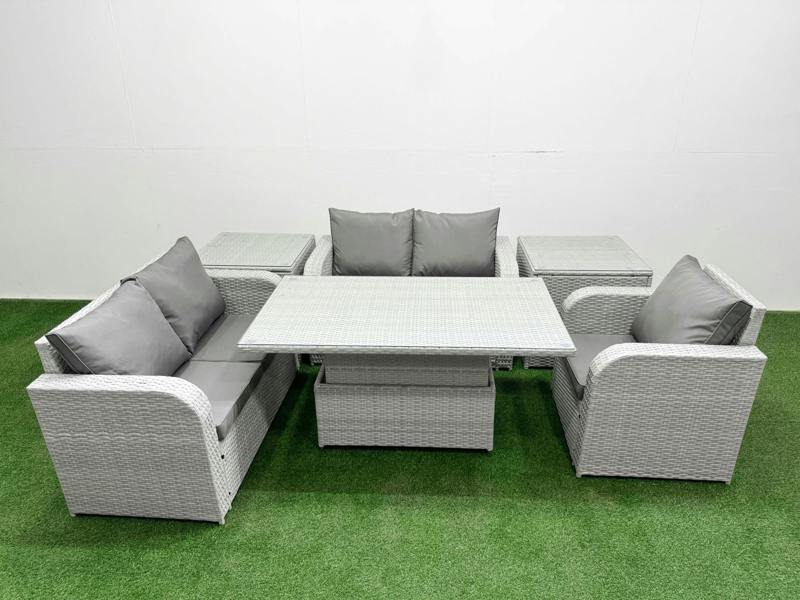 Fimous High Back Poly Rattan Garden Furniture Set, Adj Height Table, Reclining Loveseat, Indoor Outdoor Patio and 2 Side Tables, Light Grey