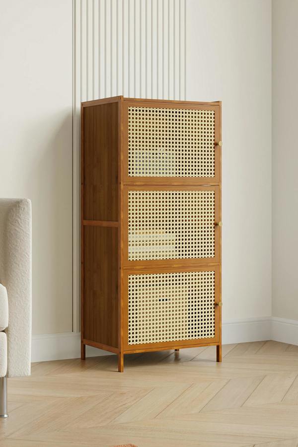 Living and Home 3-Tier Bamboo Bookcase Bookshelf Storage Rack with Doors