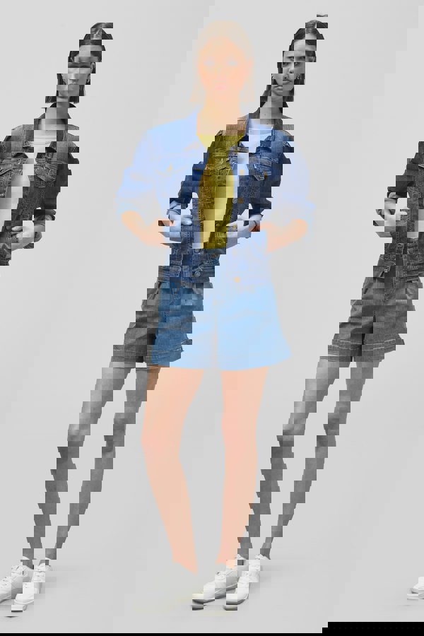 ENORSIA Mid Blue Puff Sleeve Denim Mid Wash Jacket