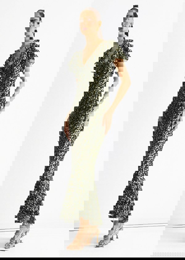 Gini London Dark Green Viscose Clipped Gold Jacquard Bias Cut Maxi Dress