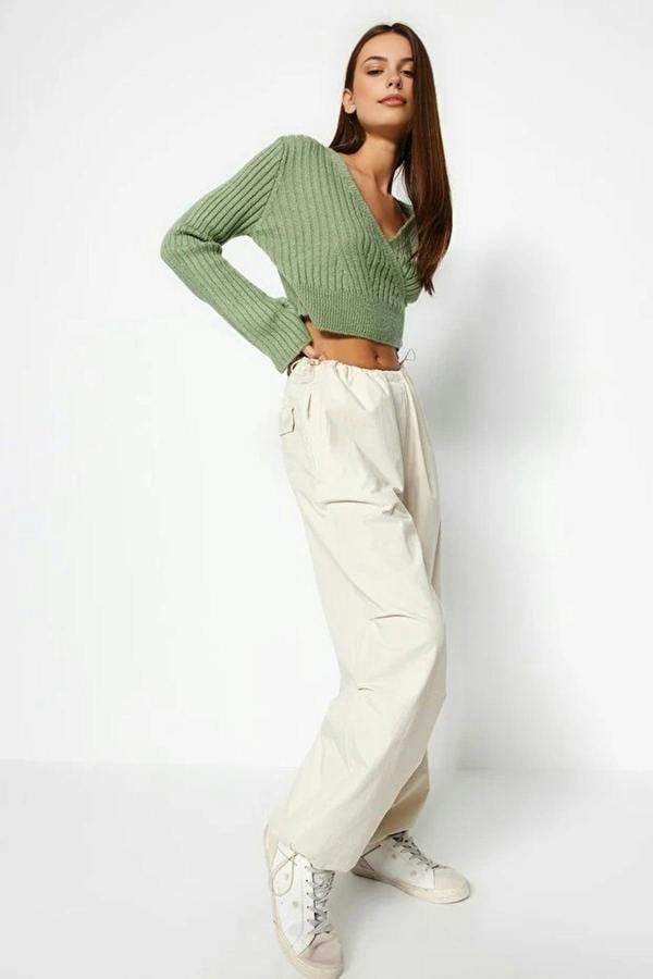 WOVCOR Crop Soft Textured Double Breasted Knit Sweater