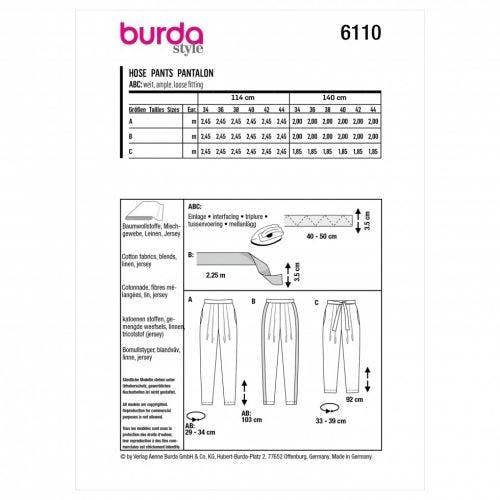 Burda Sewing Pattern 6110 Trousers For Women, 34 to 44 - Easy