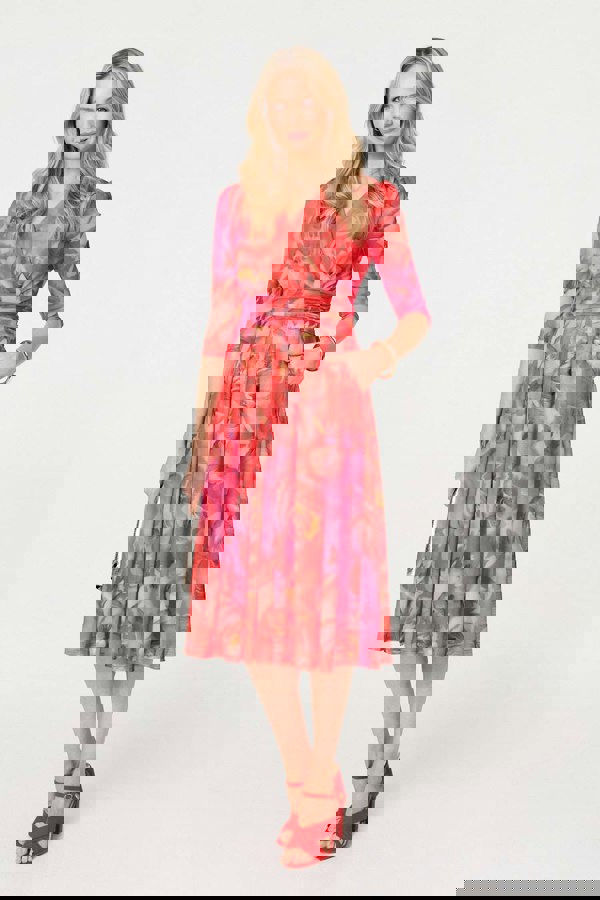 Orange | Floral Mesh Ruched Midi Faux Wrap Dress