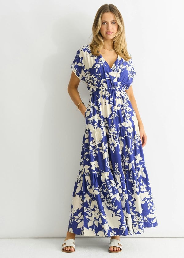 Gini London Blue Floral Elastic Waist Maxi Dress