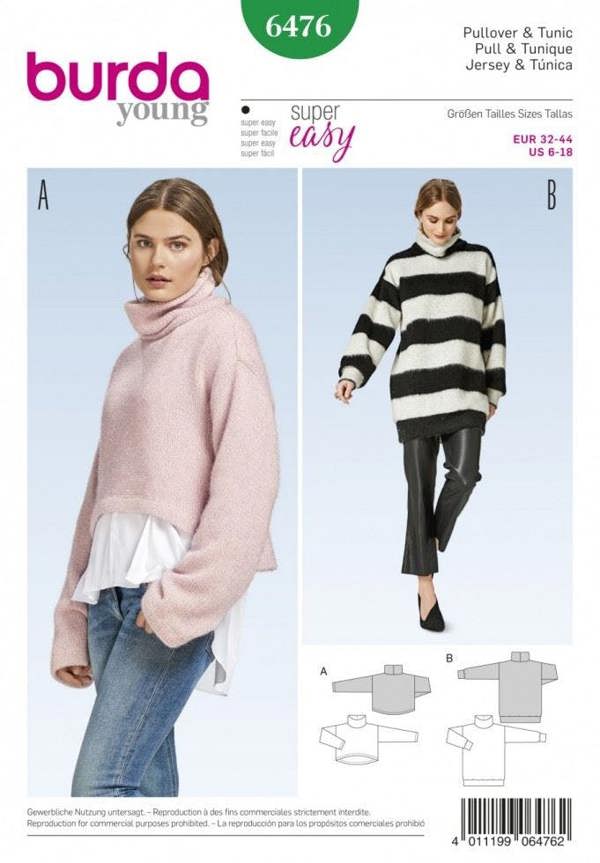 Burda Sewing Pattern 6476 Tops and Sweaters For Women, 6 to 18 - Easy