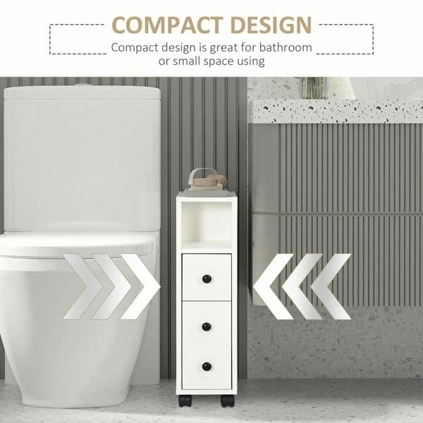 White slim bathroom storage cabinet beside toilet with open shelf and three drawers on wheels