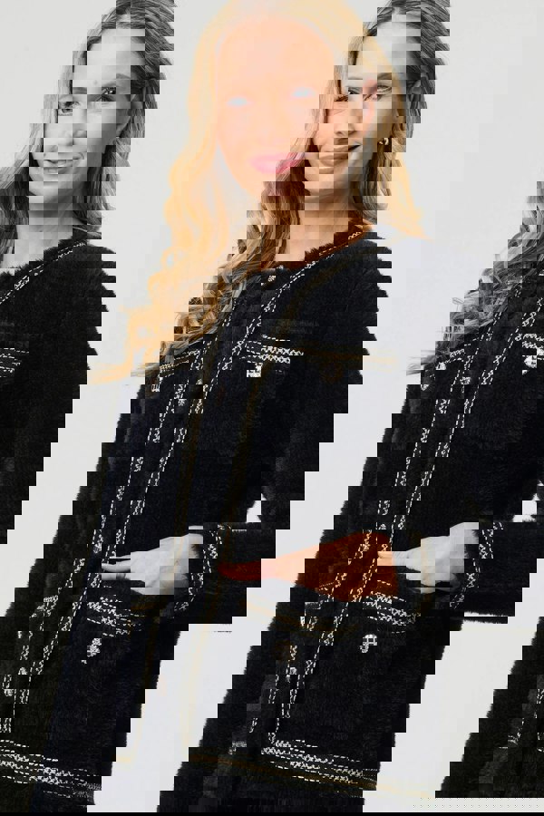 Black | Embroidered Trim Knitted Smart Jacket
