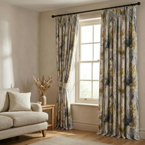 Silver Birch made-to-measure curtains in Shadow, styled in a living room