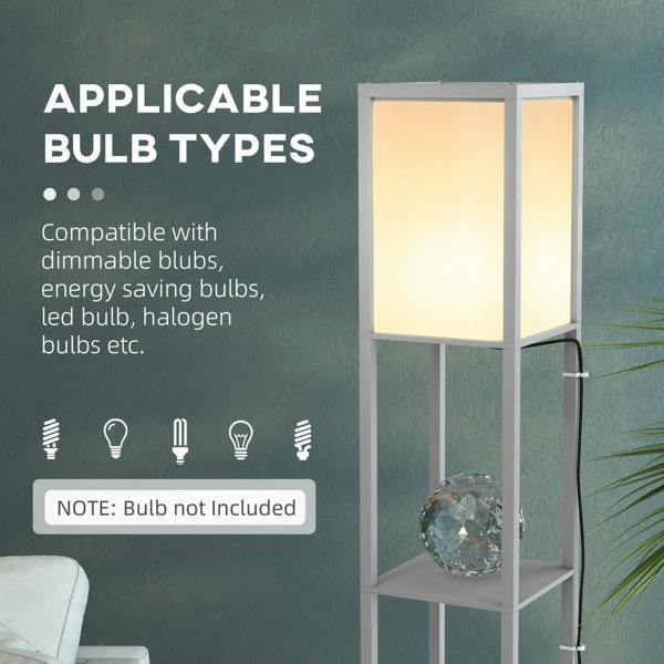 Light grey floor lamp with dual rectangular shades and open column shelving