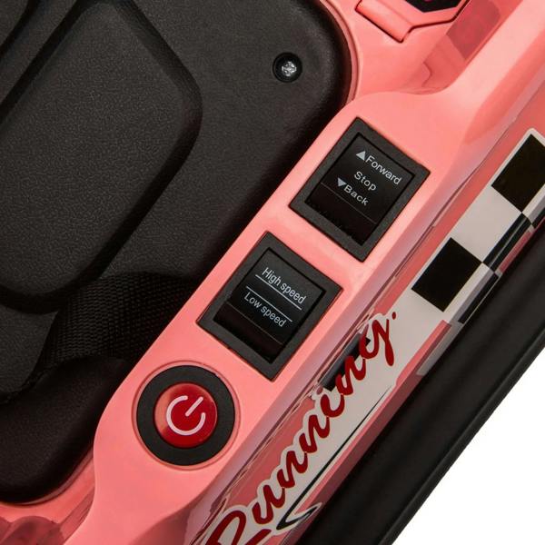 Pink bumper car control panel with forward/back, high/low speed, and power button