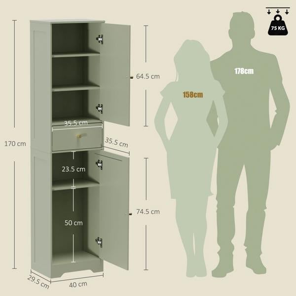 HOMCOM Tall Bathroom Storage Cabinet with Arch Doors and Drawer Light Green