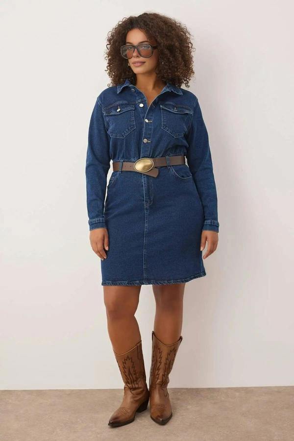 WOVCOR Shirt Collar Denim Plus Size Dress