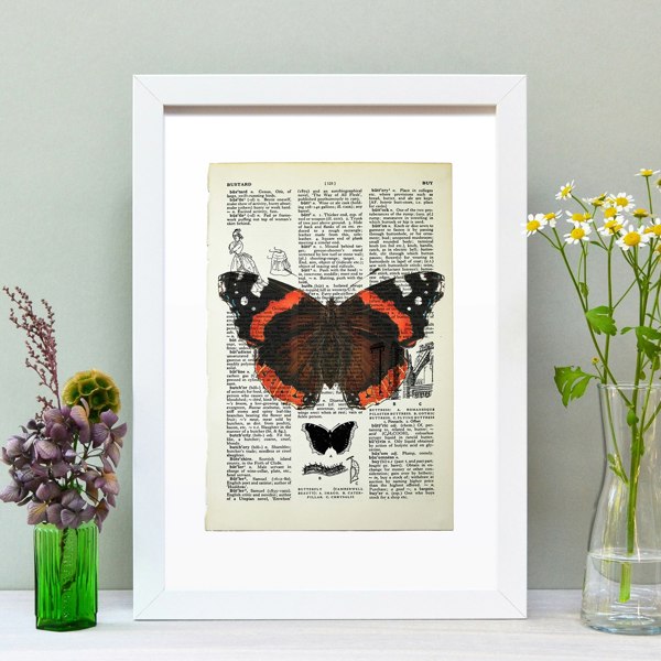 Hands & Hearts Red Admiral butterfly vintage book page art print