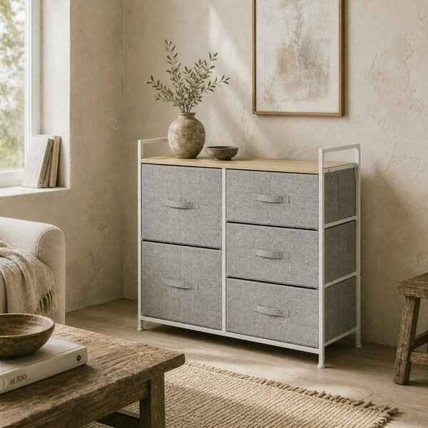 Wyld Haus Vepapa White Metal And Grey Fabric 5 Drawer Linen Basket Storage Unit With Natural Wooden Top Shelf