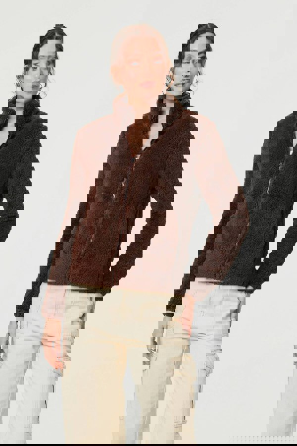 Brown | Soft Texture Zip Front High Neck Fleece
