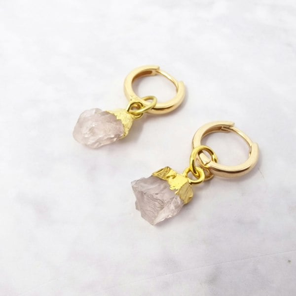 Harfi Raw Rose Quartz October Birthstone Gold Plated Huggies