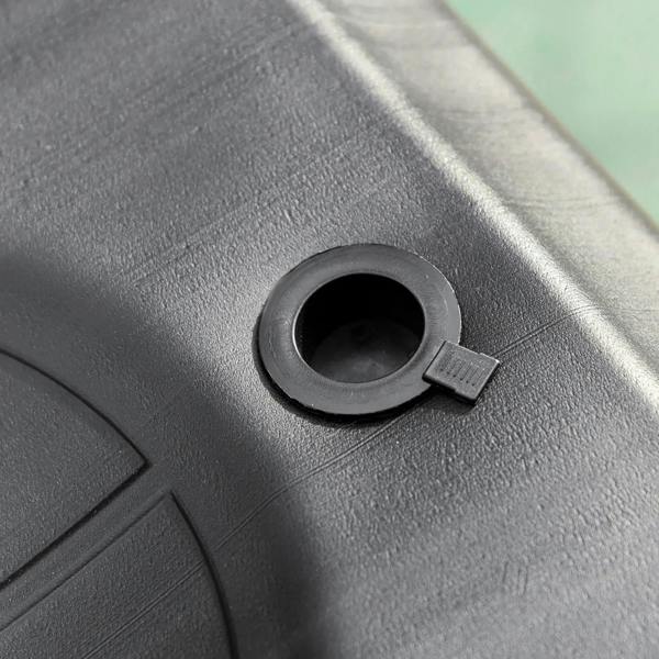 Black fill port on weighted base for filling basketball hoop stand