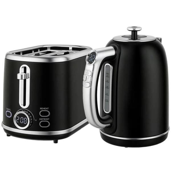 Black retro-style kettle and toaster set with chrome controls and handle