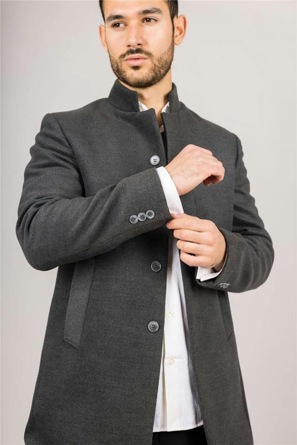 Infinity Leather Men's Grey Stand Collar Wool Blend Overcoat