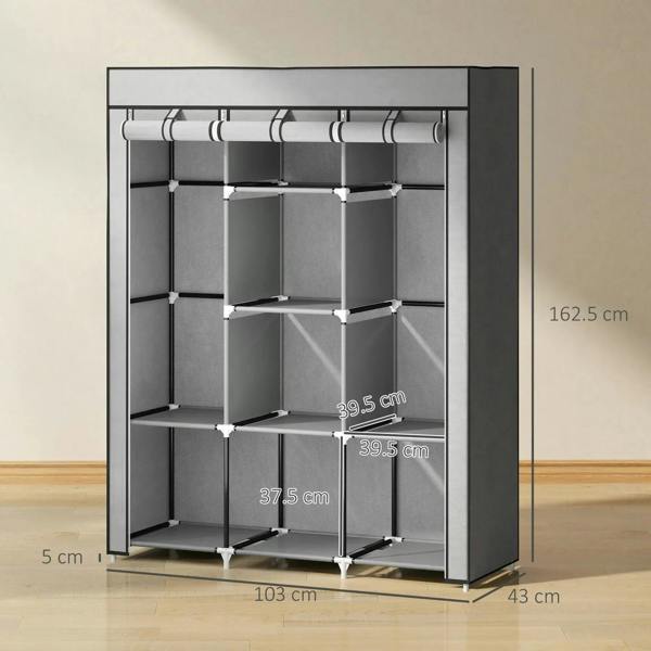 Light grey fabric wardrobe frame with hanging rail and cube shelves, front view.