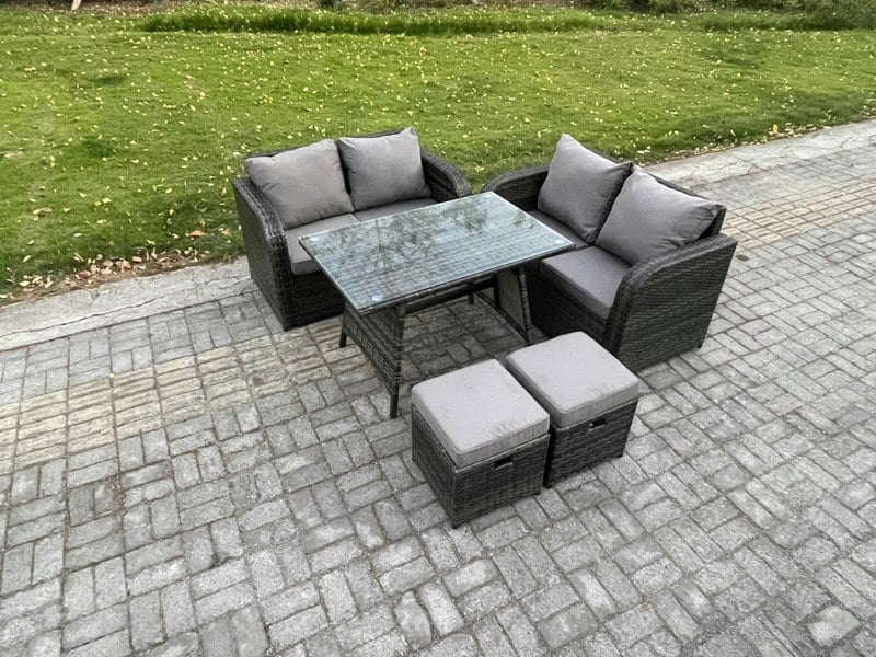 Fimous Outdoor Garden Furniture Sets 5 Pieces Wicker Rattan Furniture Sofa Sets with Rectangular Dining Table Love Sofa 2 Small Footstool
