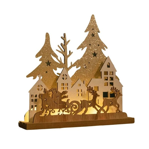Samuel Alexander 20cm Battery Operated Light up Wooden Village with Santa in Sleigh and Warm White LEDs