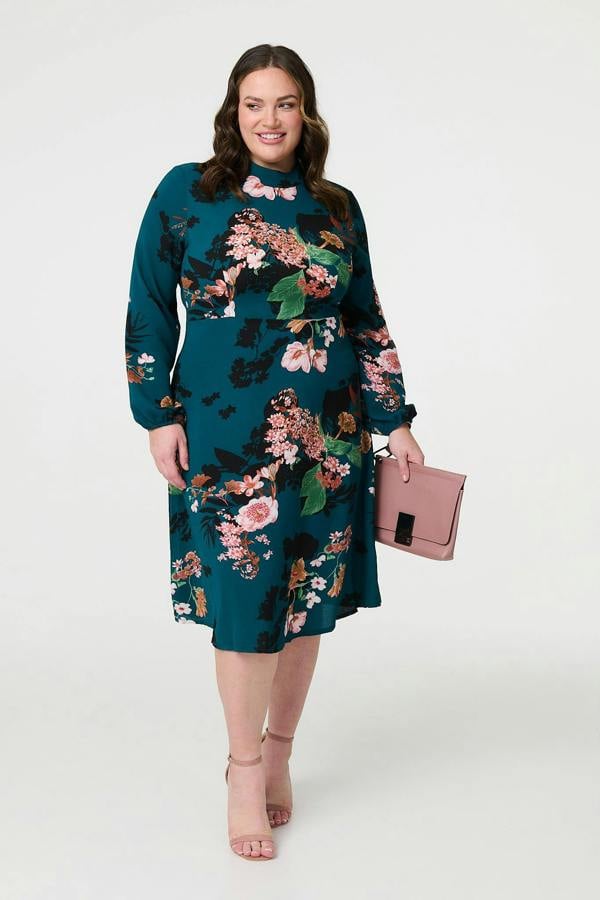 Teal | Curve Floral Long Sleeve Midi Dress

