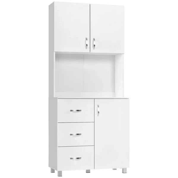 White kitchen storage cabinet with two upper doors, open shelf, and three drawers