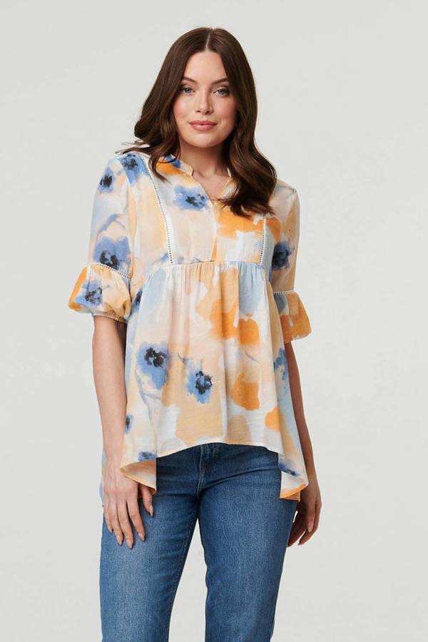 Blue | Printed 1/2 Sleeve Ruched Relaxed Blouse