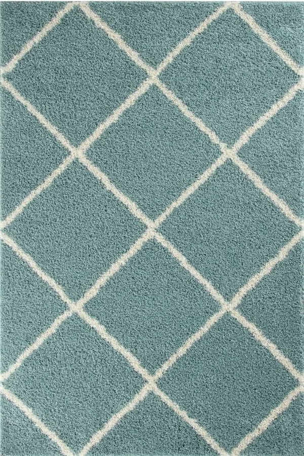 Diamond Design Thick Shaggy Area Rugs Duck Egg Blue