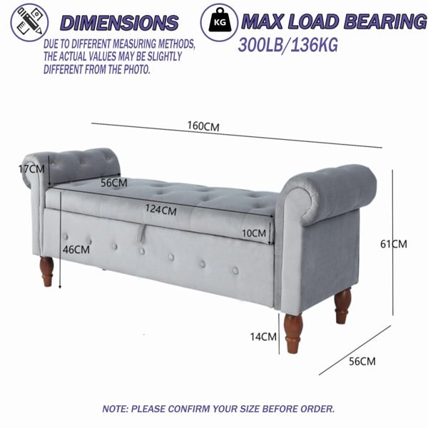 Furniture One Vintage Storage Ottoman Bench - 160cm - with Solid Wood legs, Upholstered Button-Tufted Footrest Sofa