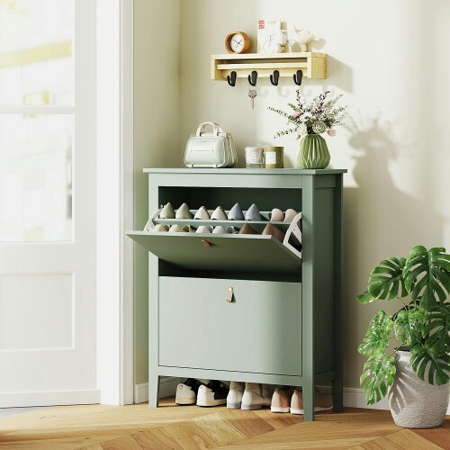 Wyld Haus Sela Wooden Mint Green Modern 2 Drawer Shoe Cabinet  Faux Leather Handles