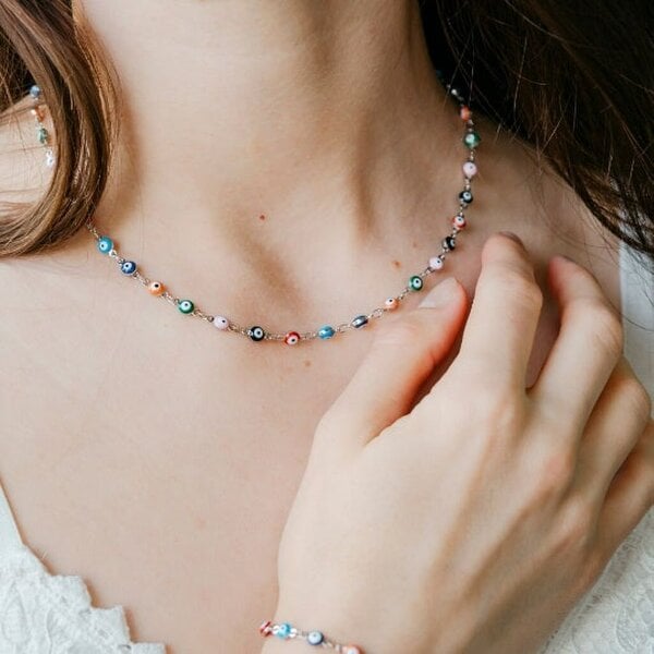 The Colourful Aura Multicolour Adjustable Evil Eye Turkish Boho Devil Eye Protection Necklace - Silver